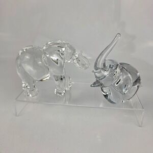 Set of 2 Clear Glass Elephant Figurines Trunk Up Good Luck Art Glass Decor